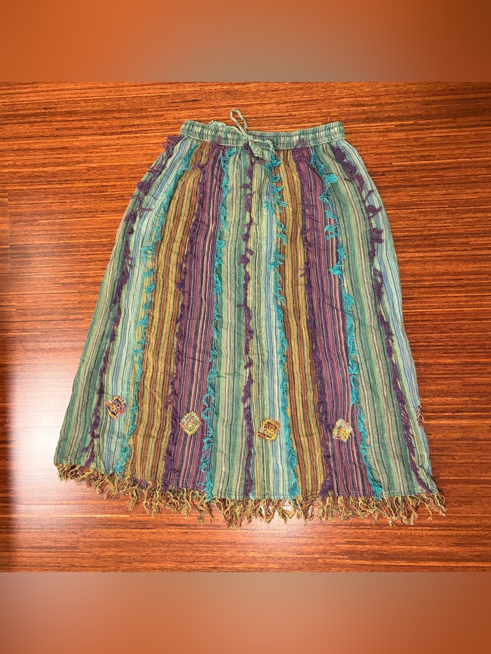 TLB Nepal Boho Blue Multicolored Cotton Striped Midi Maxi Skirt Size 8
